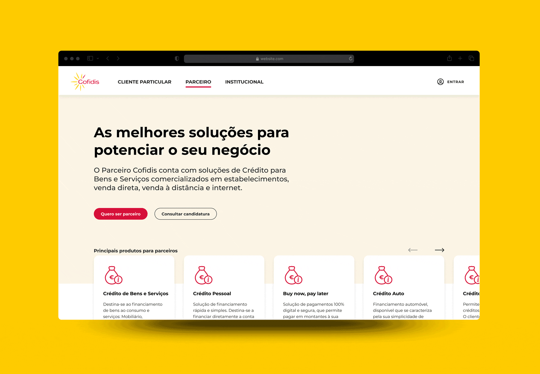 Animation showcasing the 3 screens of the prototype: website informative page, login page and Área Parceiro's first screen
